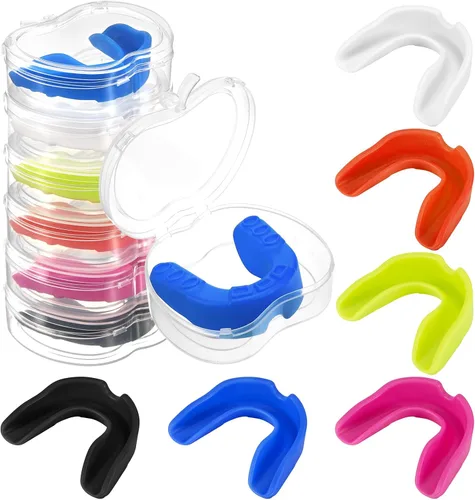 Paquete de 6 protectores bucales para deportes con caja de almacenamiento, protector bucal moldeable para jóvenes, protector bucal de silicona para