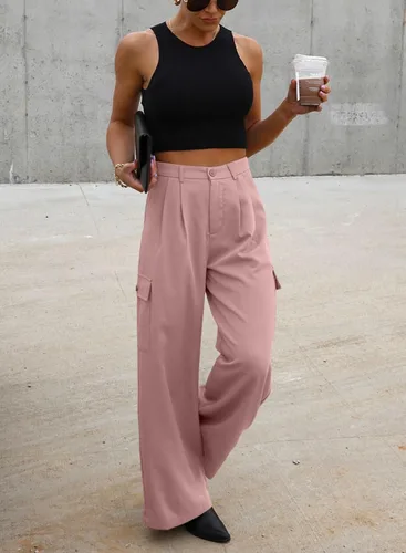Miniatura 2 de Dokotoo Pantalones cargo de cintura alta y pierna ancha para mujer, holgados, informales, modernos, con 4 bolsillos