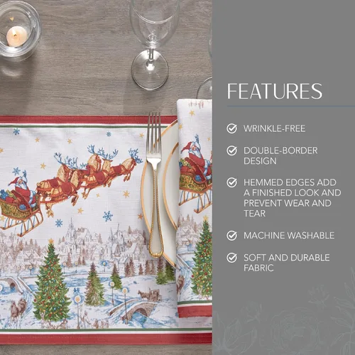 Miniatura 3 de Elrene Home Fashions Manteles Individuales de Tela Santa Snowy Sleighride, Decoración de Mesa de Navidad, 13" An x 19" L, Juego de 4
