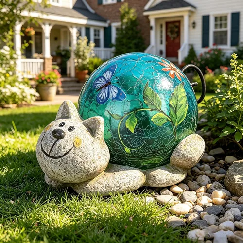 Miniatura 7 de Afirst Estatuas solares de jardín para exteriores, adorno de césped de gato con luces solares de vidrio agrietado, decoración al aire libre