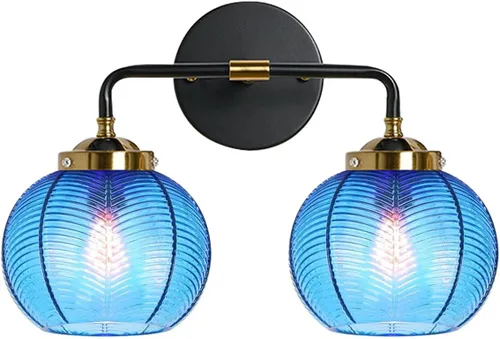 Miniatura 25 de Lámparas de baño de mediados de siglo, aplique de pared de 2 luces con pantalla de vidrio con rayas verdes, luz de montaje en pared, luces modernas