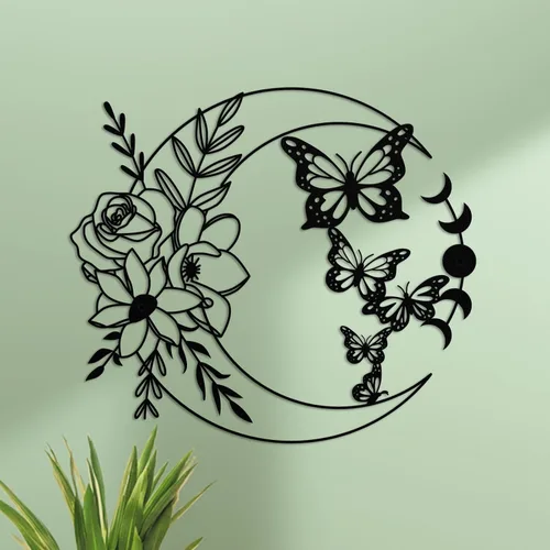 ruelen Decoración de pared de metal con diseño de mariposa y luna, arte de pared bohemio floral para colgar en la pared en el hogar, para