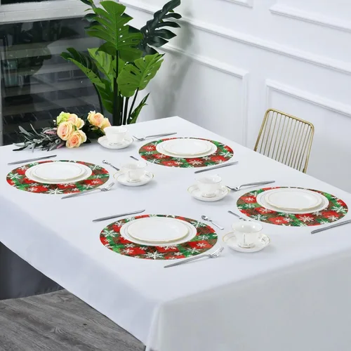 Miniatura 7 de Manteles individuales redondos de tela con patrón de copos de nieve blancos con patrón de cuadros rojos y verdes de Feliz Navidad, 15 x 15 pulgadas