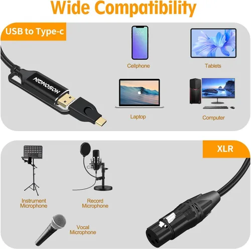 Miniatura 5 de HOSONGIN Cable XLR a USB C de 3.3 pies, Cable de grabación profesional 2-en-1 XLR hembra a (USB tipo A + C) para micrófonos a teléfono/tableta/PC