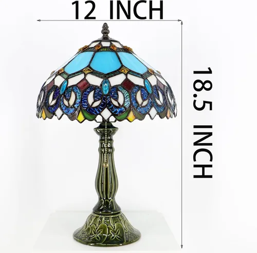 Miniatura 3 de Tiffany Lamp Stained Glass Table Lamps Blue Jewelry Baroque Style Desk Lamp 12X12X18.5 Inch Bronze Ceramic Base Reading Light Suitable for Bedside
