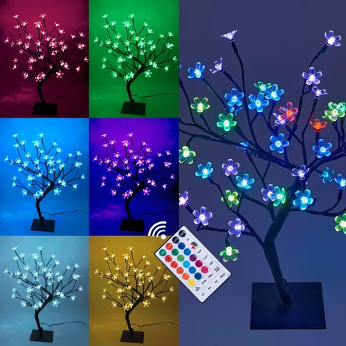 LIGHTSHARE Árbol bonsái de flor de cerezo de 18 pulgadas, 48 luces LED, RGB con control remoto, 16 modos de cambio de color, adaptador con