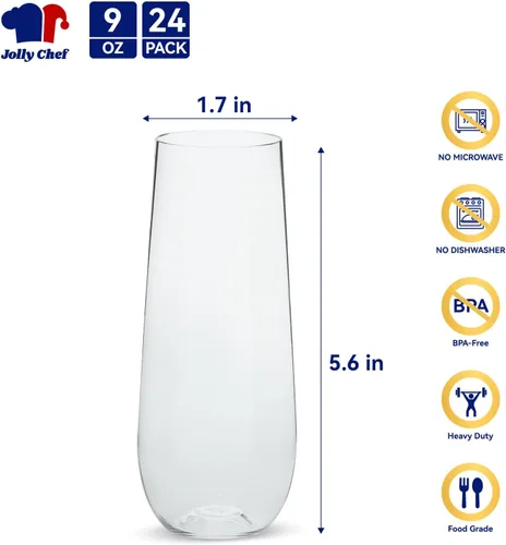 Miniatura 2 de JOLLY CHEF Paquete de 24 copas de champán de plástico sin tallo de 9 onzas, vasos de plástico transparente sin tallo, vasos desechables irrompibles