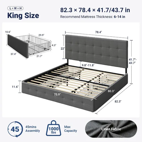 Miniatura 2 de Allewie - Base de cama con plataforma de tamaño King totalmente tapizada, con 4 cajones de almacenamiento y cabecera, diseño cosido en cuadrados
