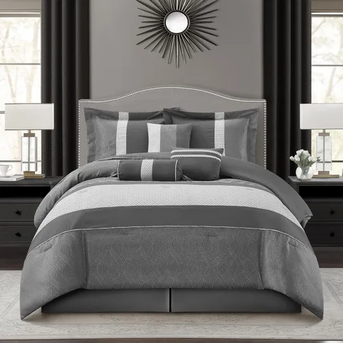 Miniatura 9 de Grand Avenue Juego de edredón rojo y negro tamaño Full, técnica jacquard y flocado, diseño moderno juegos de ropa de cama a rayas para todas