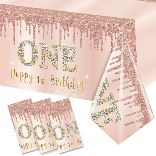 Miniatura 17 de Excelloon Paquete de 3 Manteles de Cumpleaños 50, Mantel de Cumpleaños Feliz de Rosa Púrpura y Oro Rosa, Mantel Desechable de Plástico Rectangular