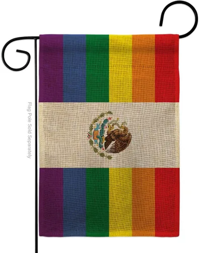 Bandera de jardín de arpillera de Orgullo de México LGBT arco iris amor gay bisexual pequeño regalo decorativo patio casa pancarta de doble cara