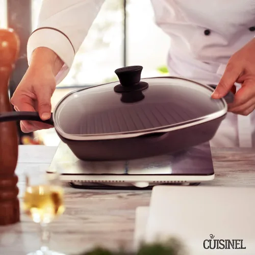 Miniatura 7 de Cuisinel - Sartén de hierro fundido cuadrada para parrilla + tapa de vidrio + raspador de sartén + cubierta de mango - Sartén con nervaduras