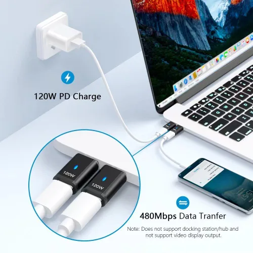 Miniatura 3 de Adaptador magnético USB C Ángel derecho + USB magnético tipo C recto 5 pines, compatible con PD 120 W carga rápida, transferencia de datos de 480