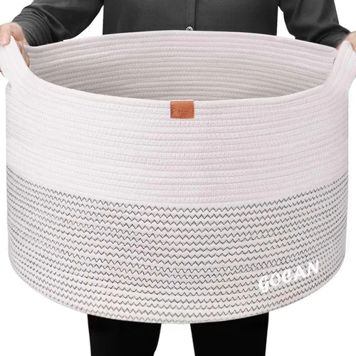 GOCAN Cesta de Lavandería Extra Grande 22" X 22" X 14" XXXL Cesta Tejida de Cuerda de Algodón para Mantas Cesta de Almacenamiento con Asas para Sala
