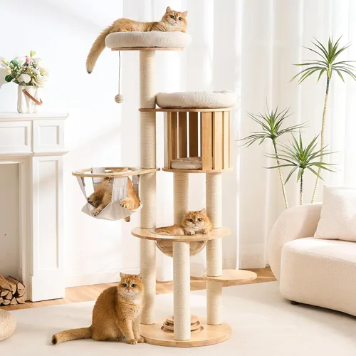 Miniatura 12 de HITTITE Moderna torre de árbol para gatos con poste rascador, torres para gatos de 46 pulgadas de alto con nidos y cueva tejidos, árbol para gatos