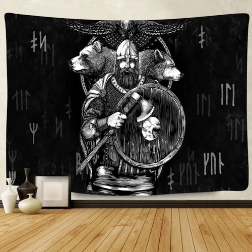 Miniatura 8 de F-FUN SOUL Tapiz nórdico de cuervo vikingo, 40 x 30 pulgadas, misteriosas runas de meditación vikinga, arte nórdico, tapices colgantes de pared