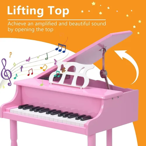 Miniatura 3 de HONEY JOY Piano clásico para niños, mini piano de cola de 30 teclas con soporte de música y banco, juguete de instrumento musical de madera con tapa