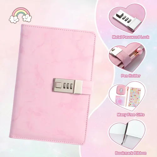 Miniatura 2 de Juego de regalo de diario, diario de cuero sintético de mármol de 300 páginas para escribir, cuaderno de dibujo con cerradura, incluye cerradura