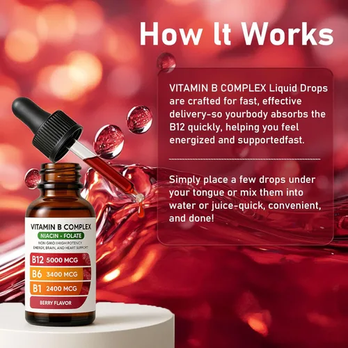 Miniatura 6 de Complejo de vitamina B12 con suplemento líquido de frambuesa B1, B6, vitamina B12, vitamina esencial 5 en 1 complejo de vitamina B, función