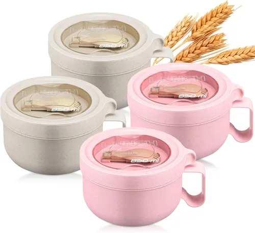 Miniatura 10 de Maxdot 4 piezas de tazón para microondas de ramen, tazones de sopa instantánea aptos para microondas con tapas, tazones grandes de sopa con asas