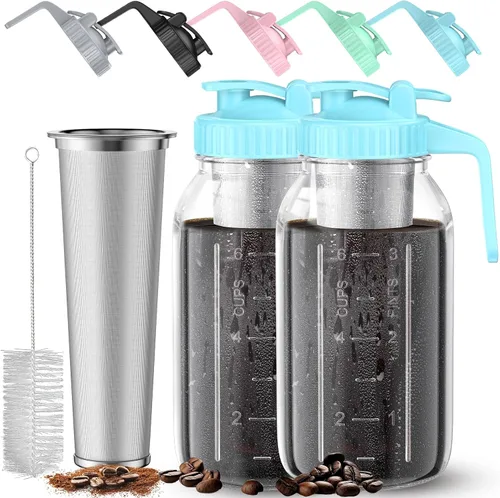 Paquete de 2 tarros de café frío de 64 onzas, máquina de café frío de vidrio grueso con asa, filtro de acero inoxidable y tapa a prueba de fugas,