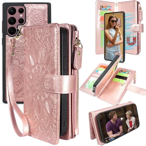 Miniatura 11 de Harryshell Funda de cuero desmontable con cremallera magnética con bolsillo para monedas, 12 ranuras para tarjetas, correa de muñeca para Samsung