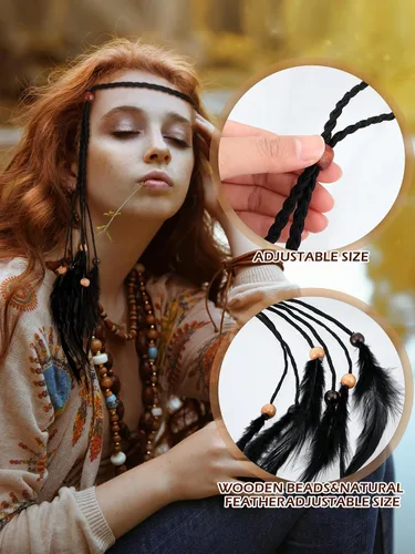 Miniatura 6 de Bencailor 10 pinzas para el pelo de plumas y diadema hippie extensiones de pelo para Halloween, disfraz de pirata indio para mujeres y niñas