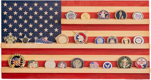 Flags of Valor Exhibidor de monedas de desafío de la bandera estadounidense, con capacidad para 25 monedas militares, decoración de pared fabricada