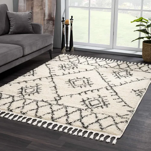 Miniatura 54 de Hauteloom, Duncans - Alfombra de estilo granja de pelo mullido para sala y dormitorio, con borlas - Beige, carbón, gris - 2 pies 7 pulgadas x 7 pies