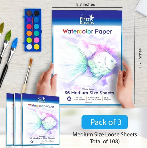 Miniatura 2 de 108 hojas de papel de acuarela (11.7 x 8.3 pulgadas). El papel de arte multiusos perfecto que incluye colores de agua, dibujo, manualidades, bocetos