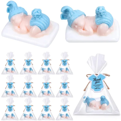 12 paquetes de jabón para baby shower, hecho a mano, para dormir, baby shower, con etiquetas de regalo para invitados, niñas y niños (color azul