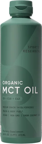 Sports Research® Aceite orgánico MCT de 16 onzas, espectro completo (C8, C10, C12) procedente de aceite de coco, combustible Keto para cerebro y