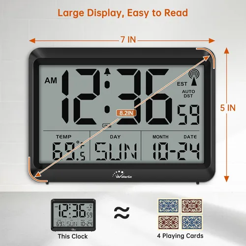 Miniatura 2 de WallarGe - Reloj de pared digital atómico, funciona con pilas, autoconfiguración, pantalla grande con temperatura, fecha, día de la semana, reloj