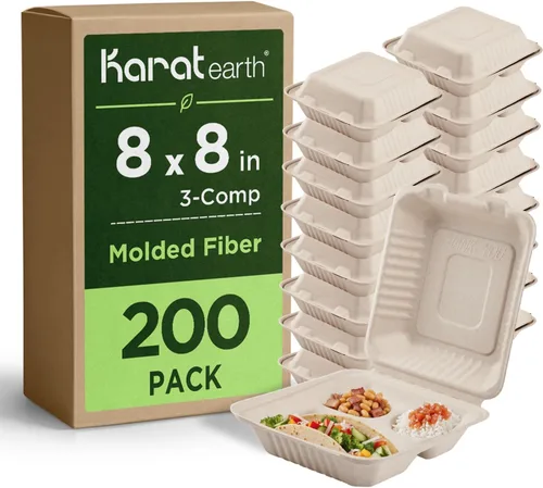 Miniatura 10 de KARAT EARTH Clamshell - Contenedores Take Out de comida para llevar [8"x8", 200 ct] - Contenedores compostables para llevar, bagazo biodegradable