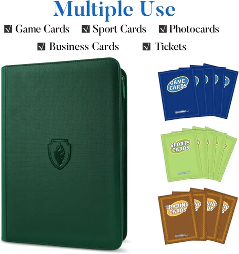 Miniatura 3 de Fabmaker - Carpeta de tarjetas con cierre de alta calidad, 9 bolsillos, cubierta de poliuretano, álbum de colección de tarjetas con cremallera, Verde
