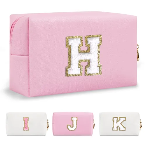 Miniatura 332 de Pequeña bolsa de maquillaje personalizada con inicial A-Z Preppy Patch, bolsa de cosméticos de viaje de felpilla blanca con cremallera, bonita bolsa