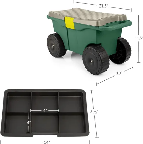 Miniatura 3 de Pure Garden - Carrito de jardín rodante con asiento, almacenamiento de plástico con banco y bandeja interior de herramientas, taburete de jardinería