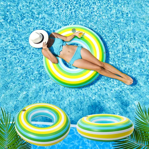 Miniatura 6 de Flotadores inflables gigantes de 50 pulgadas con forma de dona de rayas verdes, flotadores de piscina tamaño adulto juguetes para decoración