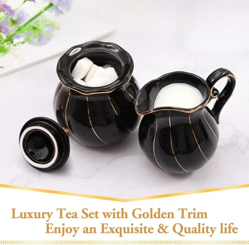 Miniatura 2 de DUJUST Black Cream & Sugar Set, diseño británico de lujo en bordes dorados, 1 azucarero con tapa (12 onzas), 1 crema (8 onzas), juego de crema