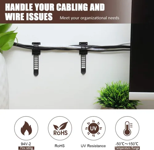 Miniatura 2 de Clips adhesivos para organizar cables, 50 piezas ajustables de nailon para correas de cables, clips de alambre organizador con cinta adhesiva Negro