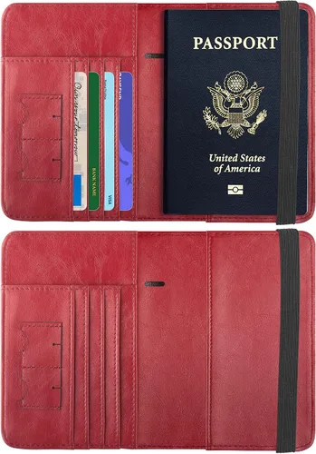 Miniatura 3 de Funda para pasaporte, cartera de viaje con bloqueo RFID de alta calidad, cuero vegano genuino, Rojo