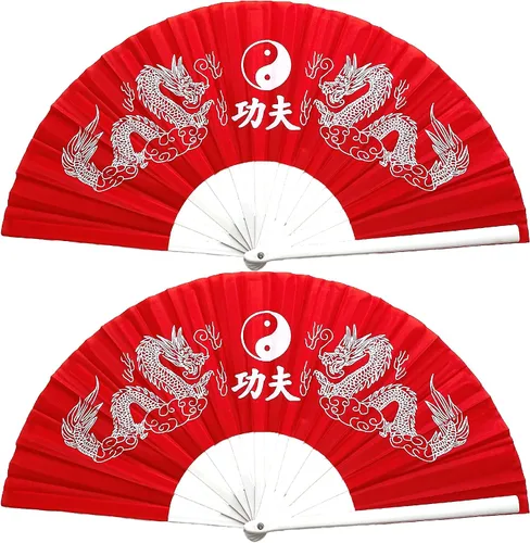 Miniatura 2 de Paquete de 2 abanicos de mano plegables grandes con dragones chinos para decoración del hogar, raves, festivales, conciertos, espectáculos - 13 Rojo