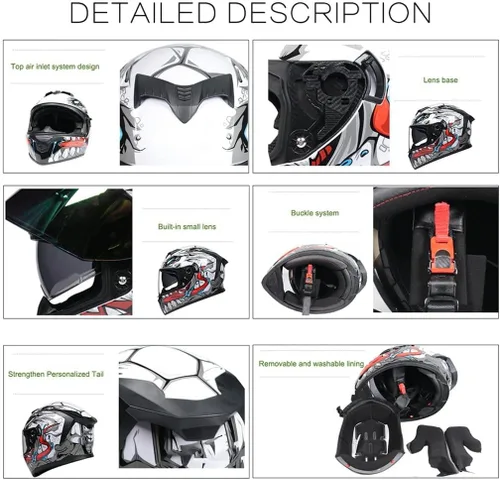 Miniatura 4 de Casco de motocicleta Bluetooth de cara completa abatible con micrófono, diseño de ala trasera aprobado por DOT, reducción de ruido con doble visera