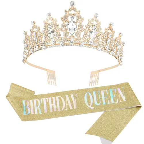 CAVETEE Tiara y banda de cumpleaños barroca, Diamante falso Dorado