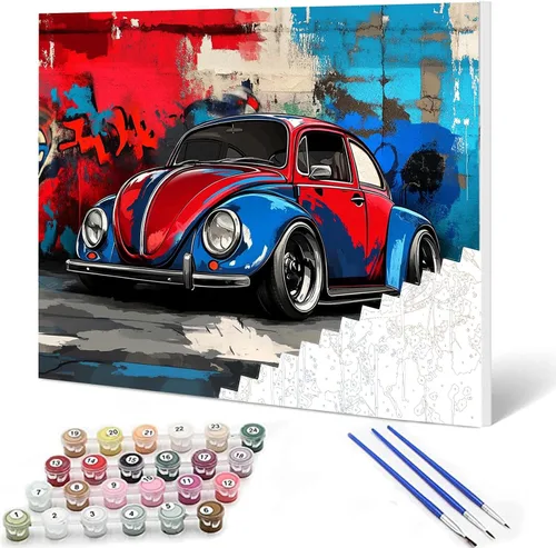 Miniatura 10 de Pintura por números, auto de carreras, kit de pintura al óleo de lienzo colorido para niños y adultos, pintura de dibujo de 16 x 20 pulgadas
