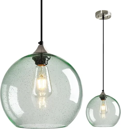 Miniatura 17 de Luces colgantes de cristal verde claro, iluminación de isla de cocina, luminarias de luz colgante de globo, iluminación colgante moderna