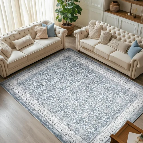 Miniatura 42 de Jinchan Fiora - Alfombra redonda de 8 pies, alfombras vintage con diseño floral envejecido, lavable a máquina, antideslizante, de pelo bajo, Azul