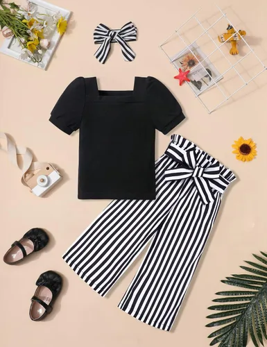Miniatura 5 de DONWEN Conjunto de 3 piezas de ropa para niñas pequeñas y niñas con cuello cuadrado + pantalones elegantes + diadema para primavera y verano