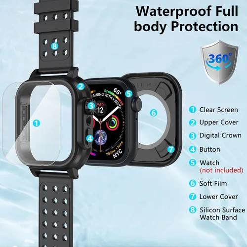 Miniatura 3 de Hensinple Funda impermeable IP68 y correa para Apple Watch Series 3 de 1.654 pulgadas con protector de pantalla, resistente a los golpes, duradera