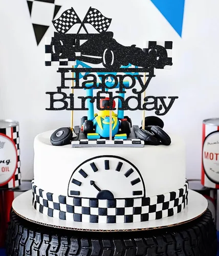 Miniatura 2 de Decoración para pastel de auto de carreras, decoración de pastel de cumpleaños con purpurina negra, decoración de pastel de fiesta de feliz